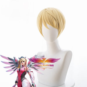 Game Overwatch(OW) Pink Angel Short Blonde Chip Ponytails Cosplay Wig Cosplay for Girls Adult Women Halloween Carnival Party