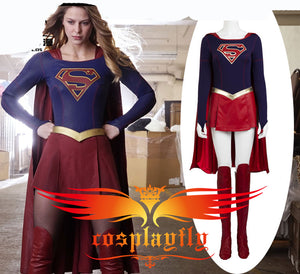 TV Supergirl Kara Danvers Suit Super Girl Zor-El Dress Battleframe Cosplay Costume For Adult For Halloween + Red Cape