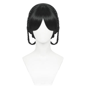 Adult Girls Addams Cosplay Wig Black Coiled Hair Bun