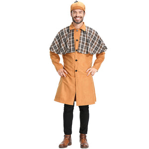 Adult Men Plaid Shawl Sherlock Holmes Detective Cosplay Costume Halloween Party Dress