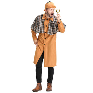 Adult Men Plaid Shawl Sherlock Holmes Detective Cosplay Costume Halloween Party Dress