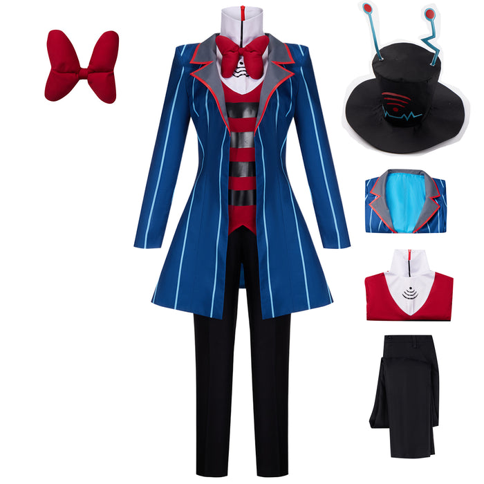 Anime Hazbin Hotel Vox Cosplay Costume Blue Suit Jacket Sweatshirt Pants for Halloween Carnival