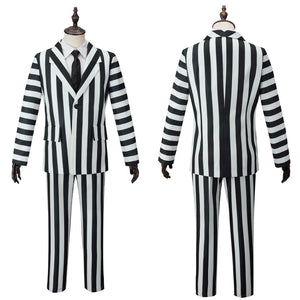 Beetle Juice Cosplay Costume Men Black White Striped Suit Set Clown Halloween Clothing