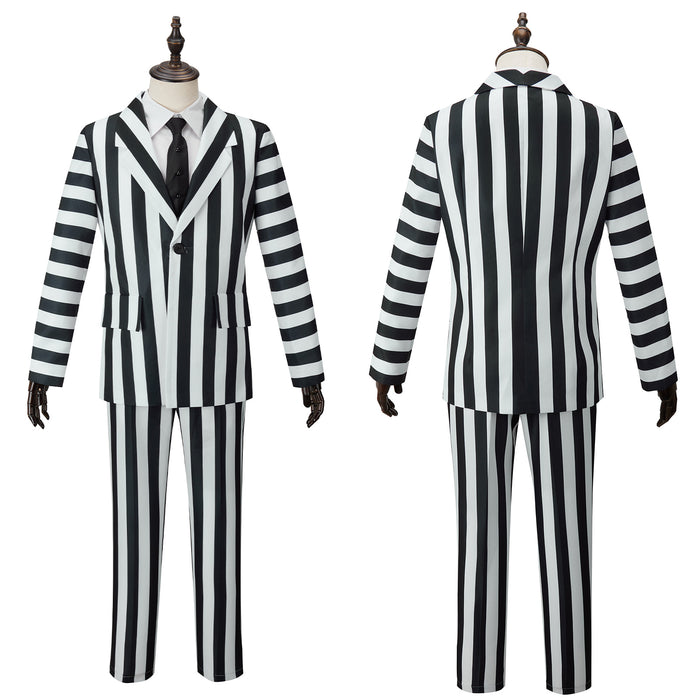 Beetle Juice Cosplay Costume Men Black White Striped Suit Set Clown Halloween Clothing