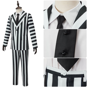 Beetle Juice Cosplay Costume Men Black White Striped Suit Set Clown Halloween Clothing