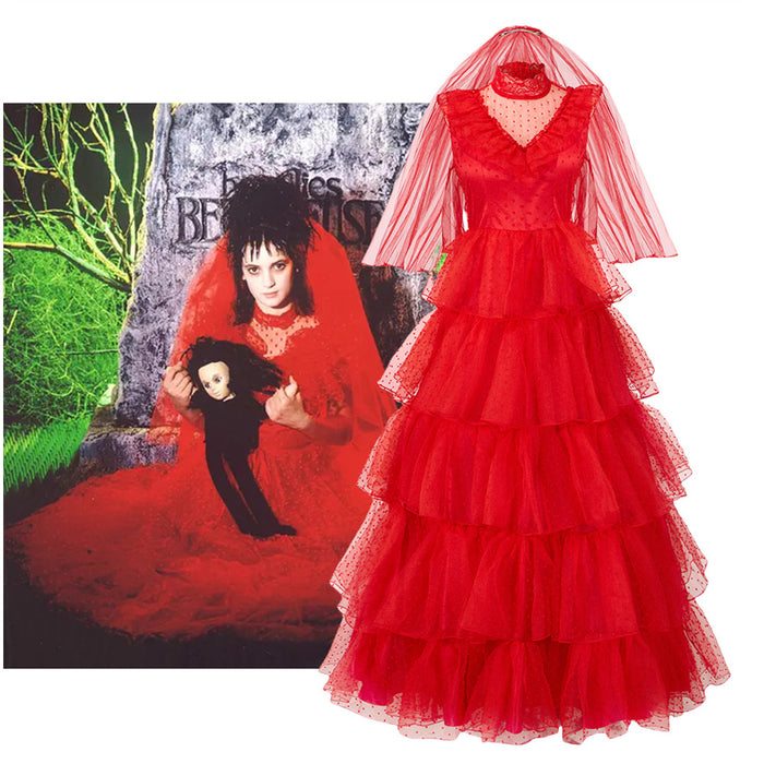 Beetle Juice Lydia Red Wedding Dress Cosplay Costume Cake Skirt Bride's Wedding Dress