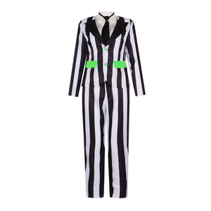 Beetle Juice Michael Keaton Cosplay Costume Black White Striped Suit Clown Halloween Carnival Party Clothing