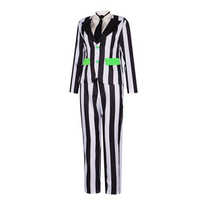 Beetle Juice Michael Keaton Cosplay Costume Black White Striped Suit Clown Halloween Carnival Party Clothing