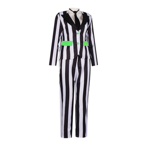 Beetle Juice Michael Keaton Cosplay Costume Black White Striped Suit Clown Halloween Carnival Party Clothing