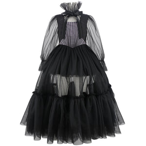 Child Girls Addams Cosplay Costume Dance High Neck See-through Black Dress