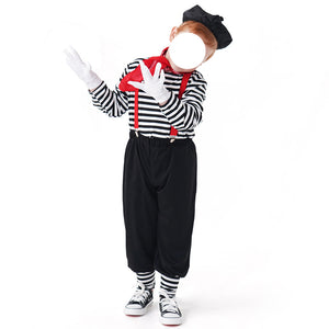 Children Mime Artist Cosplay Costume Joker Striped Outfit Comical Stage Performances Clothing