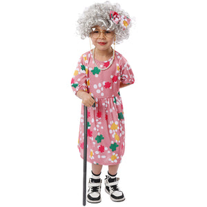 Grandma Kid Cosplay Costume Children Stage Clothing Pink Printed Dress Party Outfit