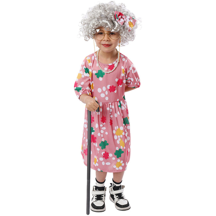 Grandma Kid Cosplay Costume Children Stage Clothing Pink Printed Dress Party Outfit