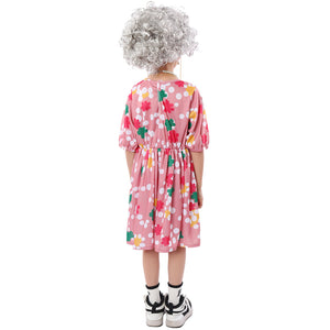 Grandma Kid Cosplay Costume Children Stage Clothing Pink Printed Dress Party Outfit