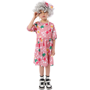 Grandma Kid Cosplay Costume Children Stage Clothing Pink Printed Dress Party Outfit