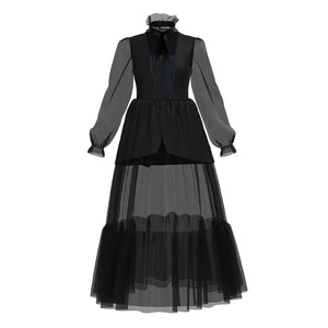 Kids Adult Girls Addams Cosplay Costume High Neck See-through Black Dress