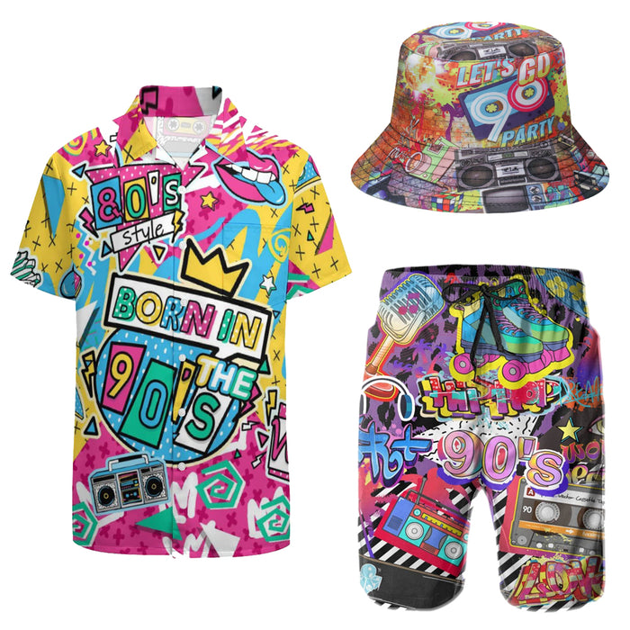 Retro Men's 2 Piece Tracksuit 80s 90s 3D Digital Printing Outfit Shirts and Shorts Sets with Bucket Hats