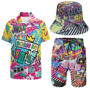 Retro Men's 2 Piece Tracksuit 80s 90s 3D Digital Printing Outfit Shirts and Shorts Sets with Bucket Hats