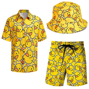 Retro Men's 2 Piece Tracksuit 80s 90s 3D Digital Printing Outfit Shirts and Shorts Sets with Bucket Hats