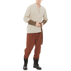 Mens Pirate Costume Set Adult Halloween Medieval Renaissance Viking Shirt Banded Pants Belt Accessories