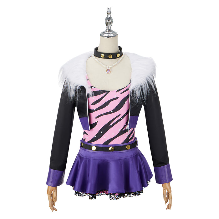 Monster High Clawdeen Wolf Cosplay Costume for Black Fur Collar Jacket+Purple Short Skirt Set