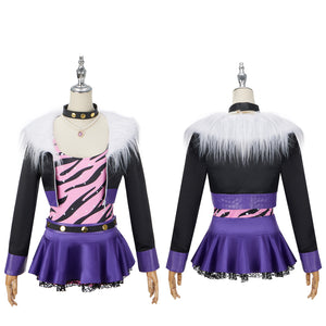 Monster High Clawdeen Wolf Cosplay Costume for Black Fur Collar Jacket+Purple Short Skirt Set