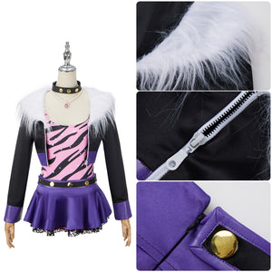 Monster High Clawdeen Wolf Cosplay Costume for Black Fur Collar Jacket+Purple Short Skirt Set