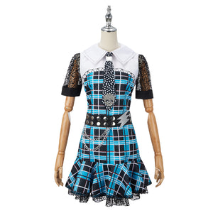 Monster High Frankie Stein Cosplay Costume Blue Plaid Dress With Tie Carnival Halloween Party Full Set of Uniforms