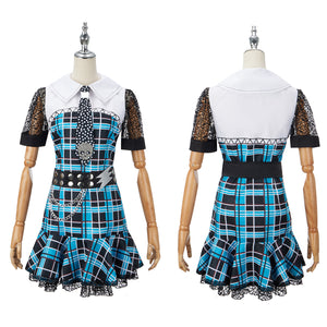 Monster High Frankie Stein Cosplay Costume Blue Plaid Dress With Tie Carnival Halloween Party Full Set of Uniforms