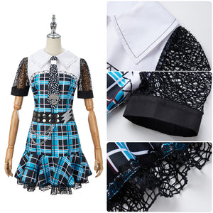 Monster High Frankie Stein Cosplay Costume Blue Plaid Dress With Tie Carnival Halloween Party Full Set of Uniforms