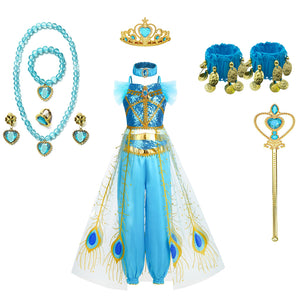 Aladdin's Divine Lamp Princess Jasmine Cosplay Costume for Girls Halloween Kids Dress Up Outfit