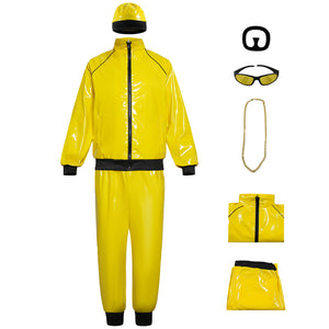 Retro 70s Disco Cosplay Costume Casual Suit Yellow Glossy PU Jacket Hip-hop Shows Clothing