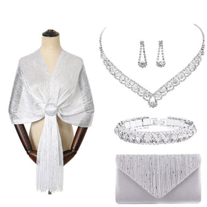 Retro Rhinestone Silver Jewelry Sets Women Satin Silver Shawls and Wraps with Buckle for Wedding Bridal Party Evening Dresses