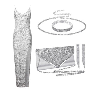 Women Sequin Dress Clutch Purse Jewelry Set Retro Elegant Jewelry Set for Evening Wedding Party