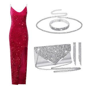 Women Sequin Dress Clutch Purse Jewelry Set Retro Elegant Jewelry Set for Evening Wedding Party