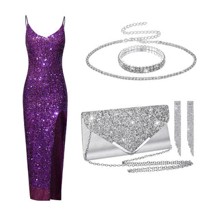 Women Sequin Dress Clutch Purse Jewelry Set Retro Elegant Jewelry Set for Evening Wedding Party