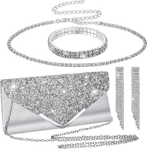 Women Sequin Dress Clutch Purse Jewelry Set Retro Elegant Jewelry Set for Evening Wedding Party