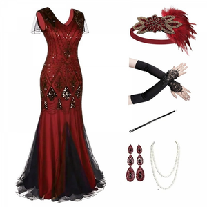 Women's 1920s Retro Flapper Dress Vintage Lace Fringed Cocktail Dress with 20s Accessories Set