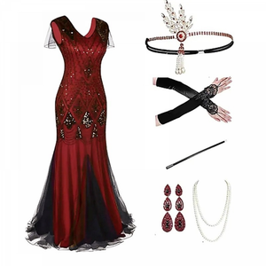 Women's 1920s Retro Flapper Dress Vintage Lace Fringed Cocktail Dress with 20s Accessories Set