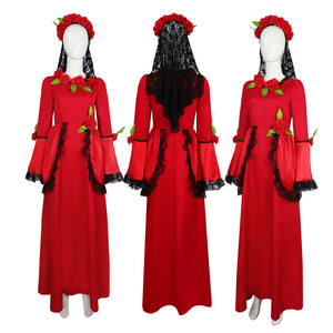 Womens The Corpse Bride Red Retro Dress Suit Cosplay Costume Halloween Wedding Dress