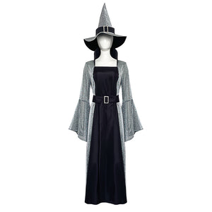 Womens Witch Cosplay Costume Trumpet Sleeve Medieval Dress Gothic Evil Sorceress Robe Halloween Outfit