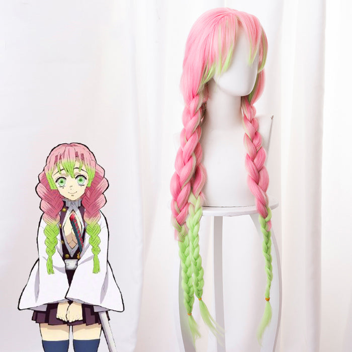 Anime Demon Slayer :Kimetsu no Yaiba Kanroji Mitsuri Long Pink Mix Green Braid Cosplay Wig Cosplay for Girls Adult Women Halloween Carnival Party