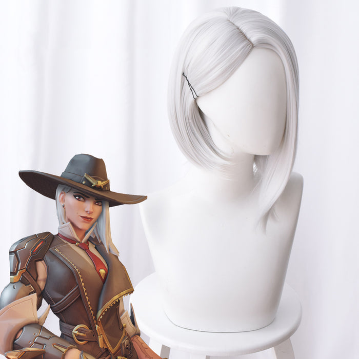 Game Overwatch(OW) Ashe 35cm Silver-white Short Straight Cosplay Wig Cosplay for Girls Adult Women Halloween Carnival Party