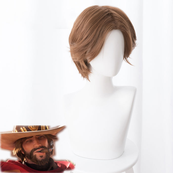 Game Overwatch(OW) Jesse Mccree 30cm Short Curly Brown Cosplay Wig Cosplay for Boys Adult Men Halloween Carnival Party
