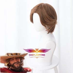 Game Overwatch(OW) Jesse Mccree 30cm Short Curly Brown Cosplay Wig Cosplay for Boys Adult Men Halloween Carnival Party