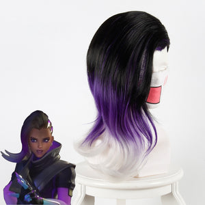 Game Overwatch(OW) Sombra 45cm Black Purple White Mixed Ombre Curly Cosplay Wig Cosplay for Girls Adult Women Halloween Carnival Party