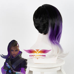 Game Overwatch(OW) Sombra 45cm Black Purple White Mixed Ombre Curly Cosplay Wig Cosplay for Girls Adult Women Halloween Carnival Party