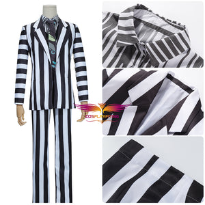 Movie Beetlejuice Adam Black White Stripes Suit Cosplay Costume Adult Man for Halloween Party