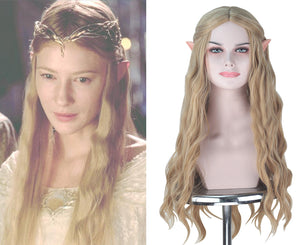 Movie The Lord of the Rings Galadriel Long Golden Wavy Cosplay Wig With Elf Pointy Ears Cosplay for Girls Adult Women Halloween Carnival