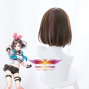 Youtuber A.I.Channel Kizuna AI Short Brown Pink Cosplay Wig Cosplay for Girls Adult Women Halloween Carnival Party
